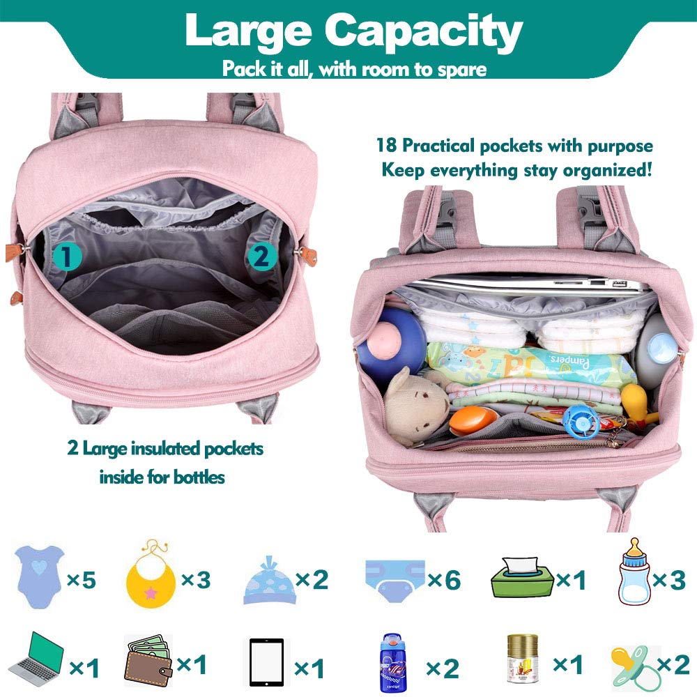 Babbleroo Diaper Bag Backpack, Nappy Changing Bags Multifunction Waterproof Travel Back Pack With Changing Pad & Stroller Straps