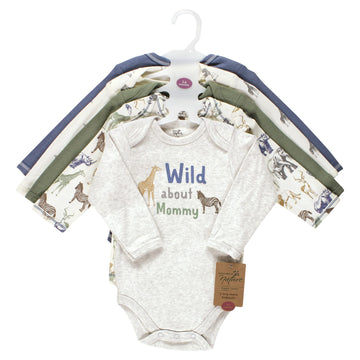 Touched By Nature Unisex Baby Organic Cotton Long-Sleeve Bodysuits, Boy Safari, 3-6 Months