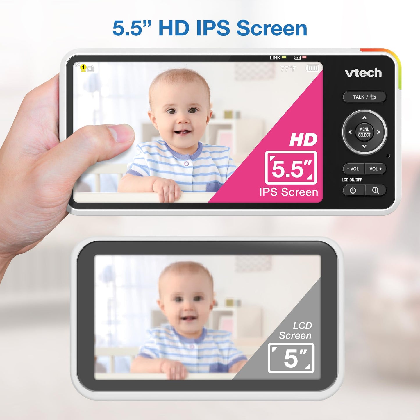 Vtech Smart Wifi Baby Monitor, 2K Camera, 5.5-Inch Hd Ips Screen, Crystal Clear Infrared Night Vision, Pan-Tilt, 24X Zoom, 2-Way