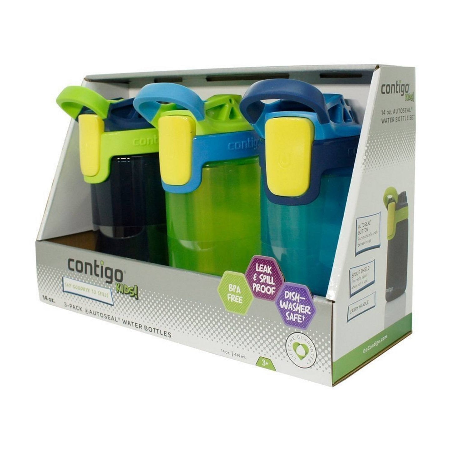 Contigo Kids Autoseal Gizmo Water Bottles, 14Oz (Nautical/School Boy/Granny Smith)