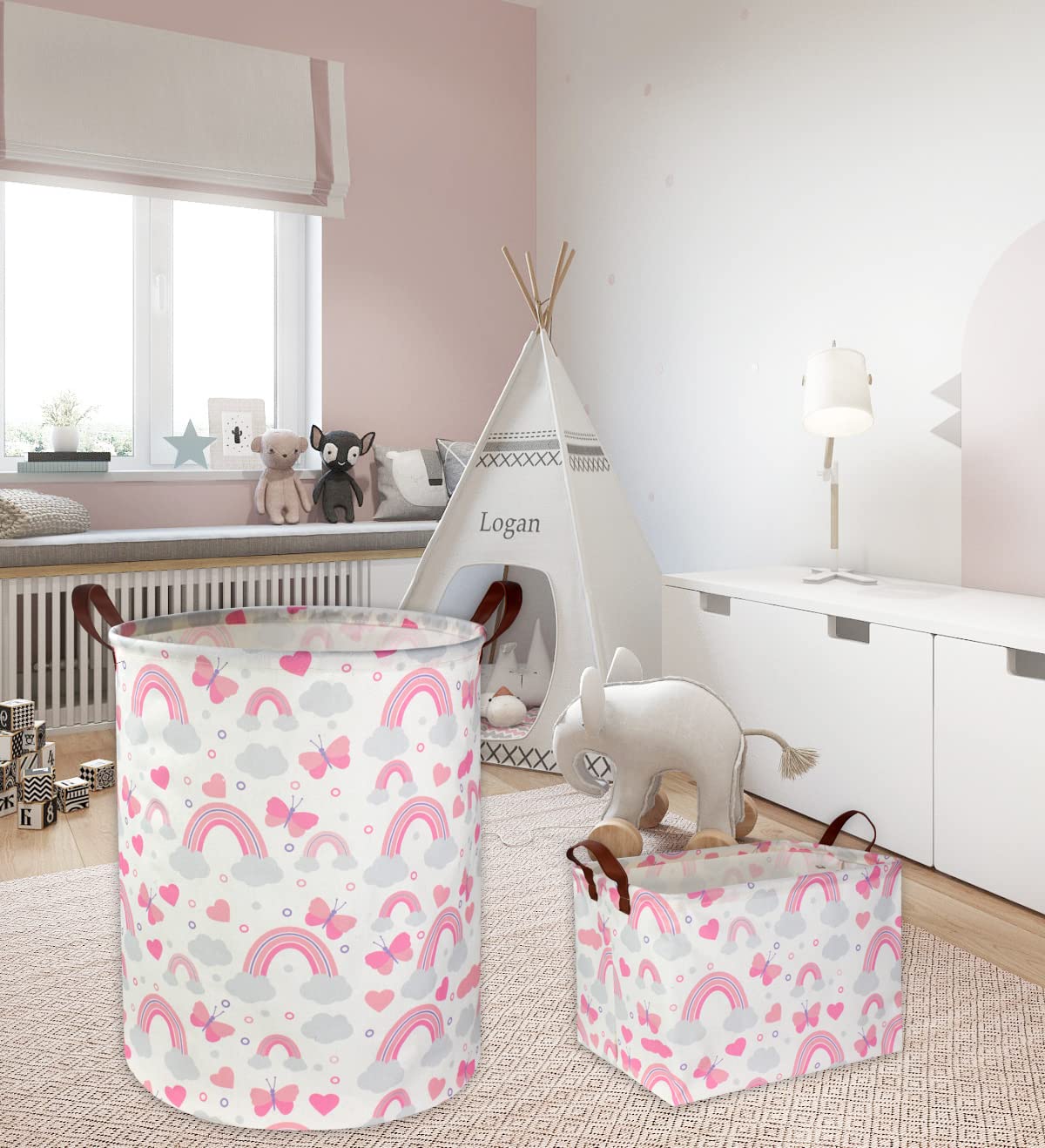 Ddbasket Pink Laundry Basket Girls Hamper Clothes Collapsible Toy Storage Bin Organizer With Handles For Kids, Baby,Nursery Hamp