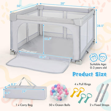 Costzon Foldable Playpen For Babies, 59''X59'' Portable Baby Playpen With 50 Pcs Ocean Balls, 4 Handles, Carry Bag, Visible Mesh