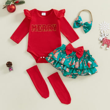 Beqeuewll Baby Girl Christmas Outfits Letter Embroidery Long Sleeve Romper With Ruffled Shorts And Headband Socks 4Pcs Set (Merr