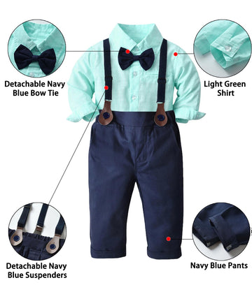 Baby Boy 'S Formal Outfit, Button Down Stripes Dress Shirt With Bow Tie + Suspender Pants Set For Toddlers Baby & Little Boys, 2