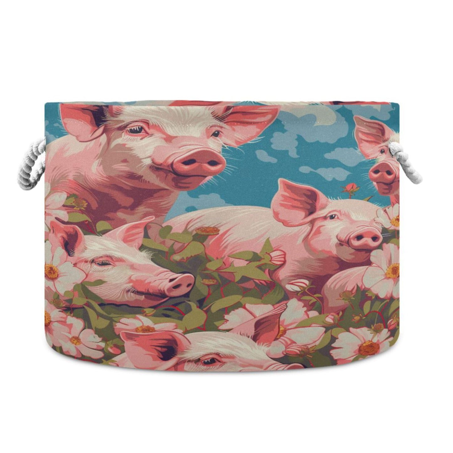Canvas Storage Organizer Bin, Pig (3) Storage Basket Laundry Hamper with Handle for Clothes Playroom Decor, Large, 20 in Diamete