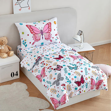 Perfemet 4-Piece Girls Butterfly Toddler Bedding Colorful Pink Floral Toddler Bed Comforter Set Reversible Soft Flower Toddler B