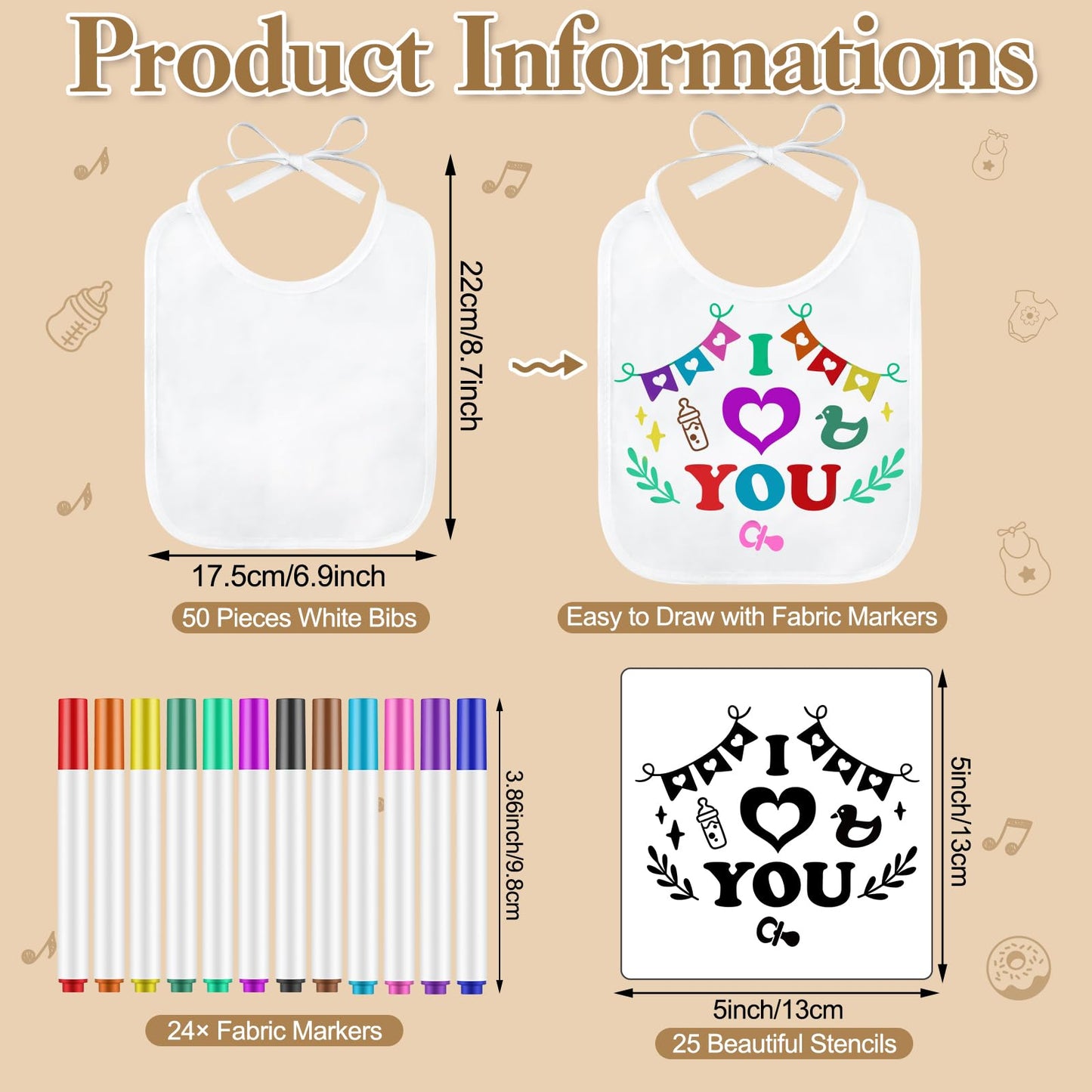 Panitay 100 Pcs Diy Baby Bibs Decorating Kit 50 White Bibs 25 Stencils 24 Fabric Markers 1 Baby Shower Game Sign(Kraft)