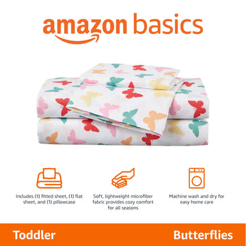 Amazon Basics Kid'S Soft Easy-Wash Lightweight Microfiber 3-Piece Sheet Set, Toddler, Multi Colour, Butterflies