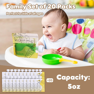 Gemdom 20 Pack Reusable Baby Food Pouches For Toddlers, Refillable Squeeze Pouch For Applesauce Yogurt Homemade Organic Puree Ju