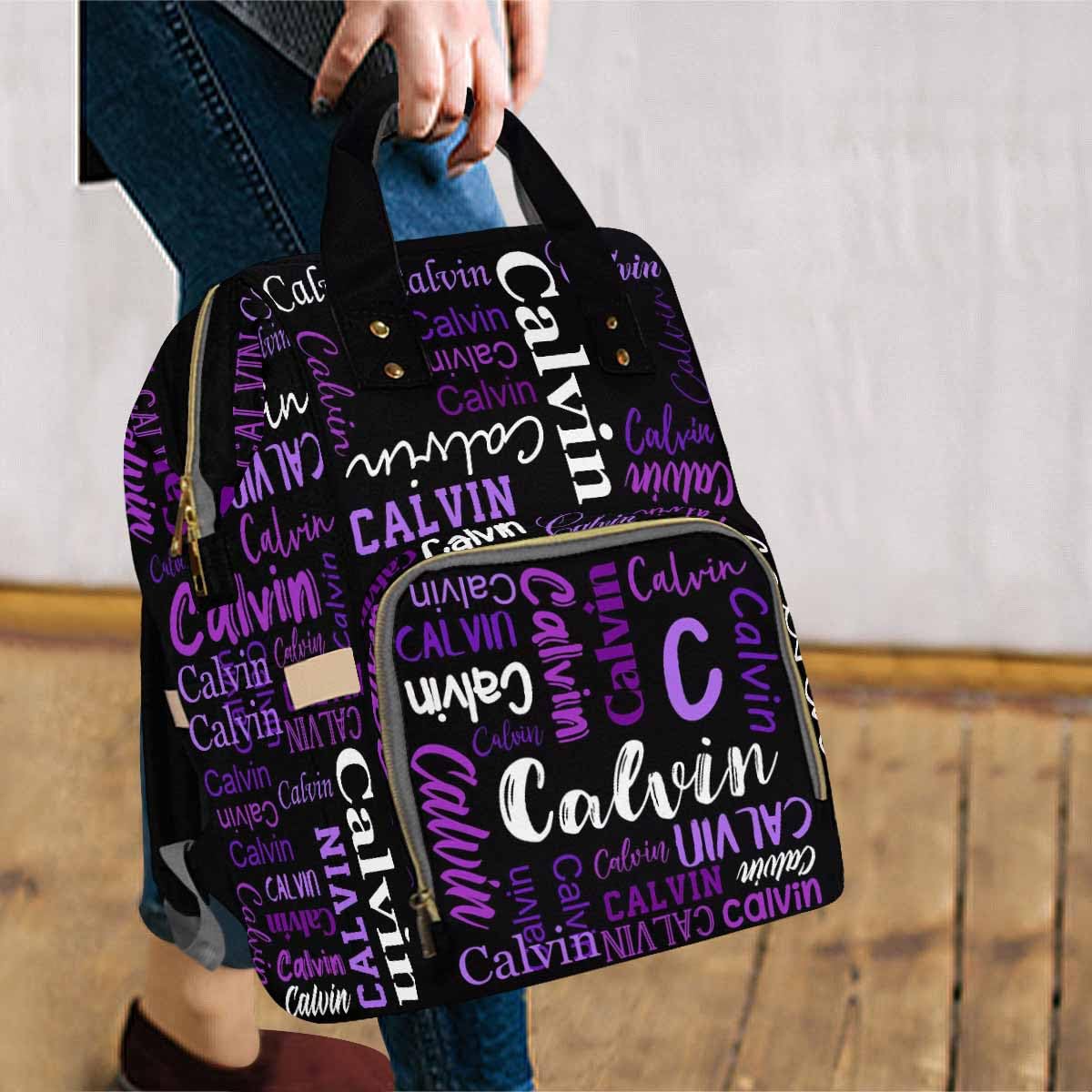 Personalized Diaper Backpack, Custom Black Purple Logo Text Diaper Bag Mummy Nursing Baby Bag Casual Travel Daypack Bag Fashion