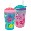 Nuby All In One Snack Bowl And No Spill Soft Straw Cup - 2 Pack Pink Butterflies & Aqua Fruits - Snack N' Sip, Holds: 4.5 Oz Con