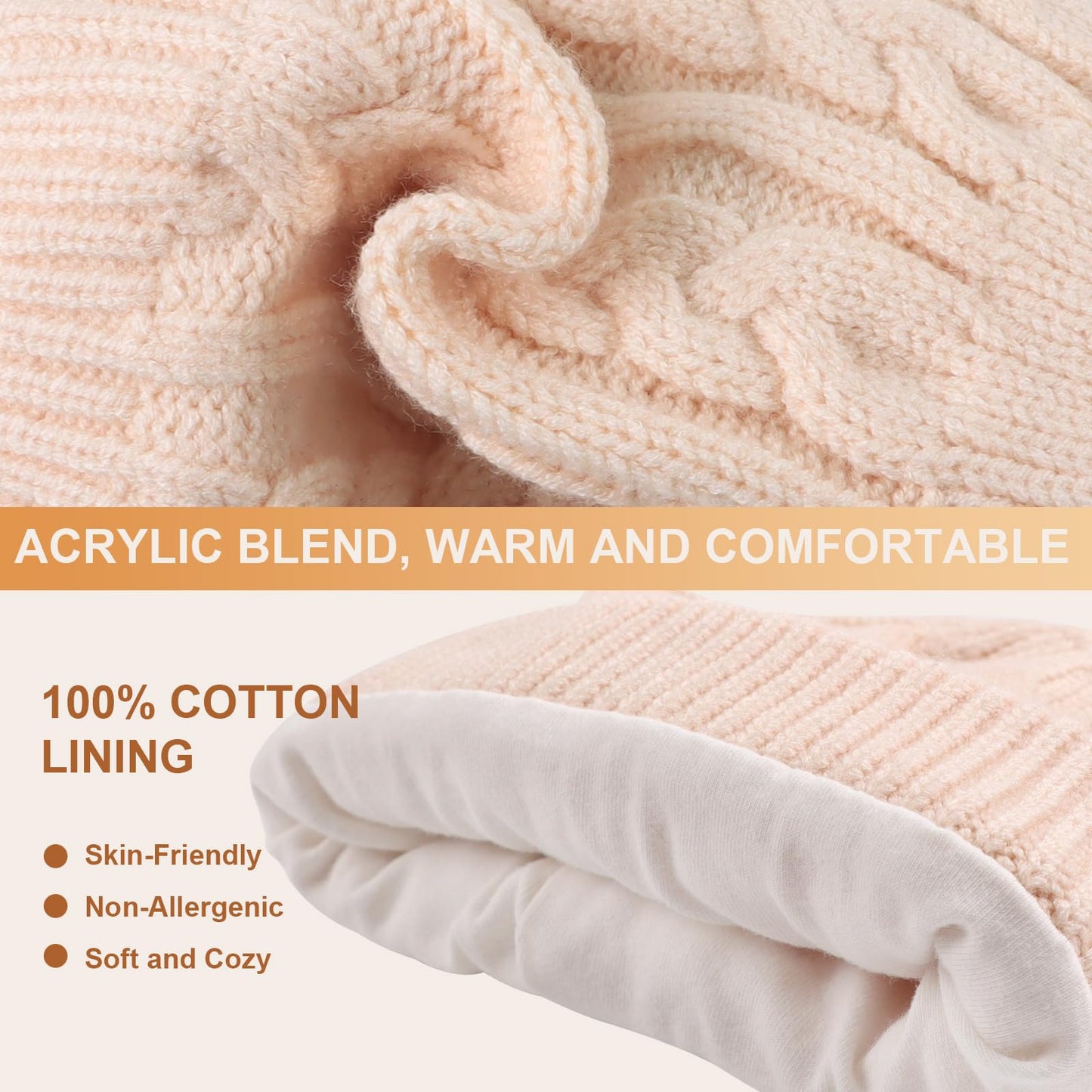 Winter Warm Knitted Baby Hat For Girls Cotton Lined Infant Toddler Girls Hat Autumn Cute Bow Classic Girls Beanie 0-6Y (Pink+Bei