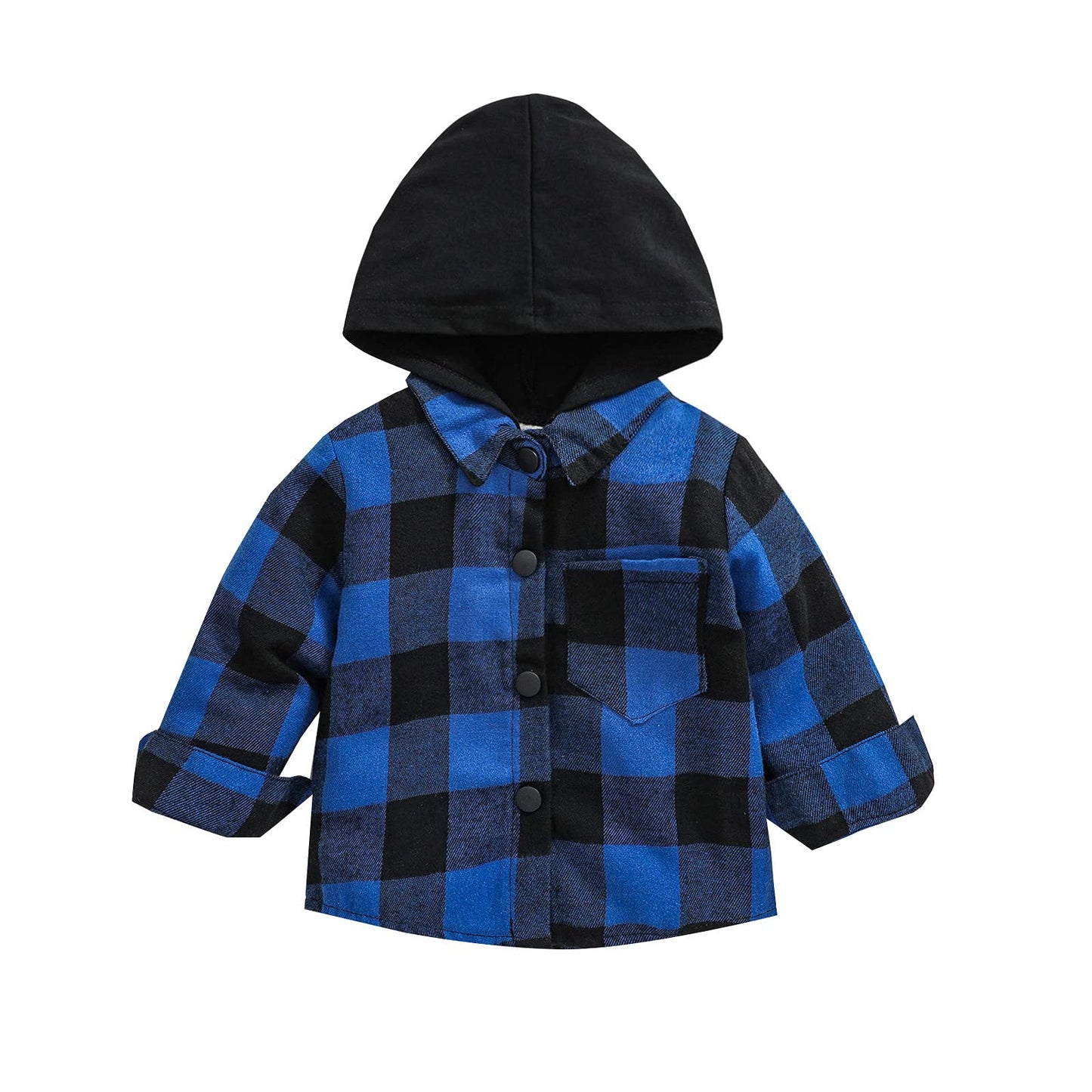 Kids Little Boys Girls Baby Long Sleeve Button Down Hooded Plaid Shirt Red Plaid Flannel Outfits (Blue, Tag 80, Us 6-12 Months)