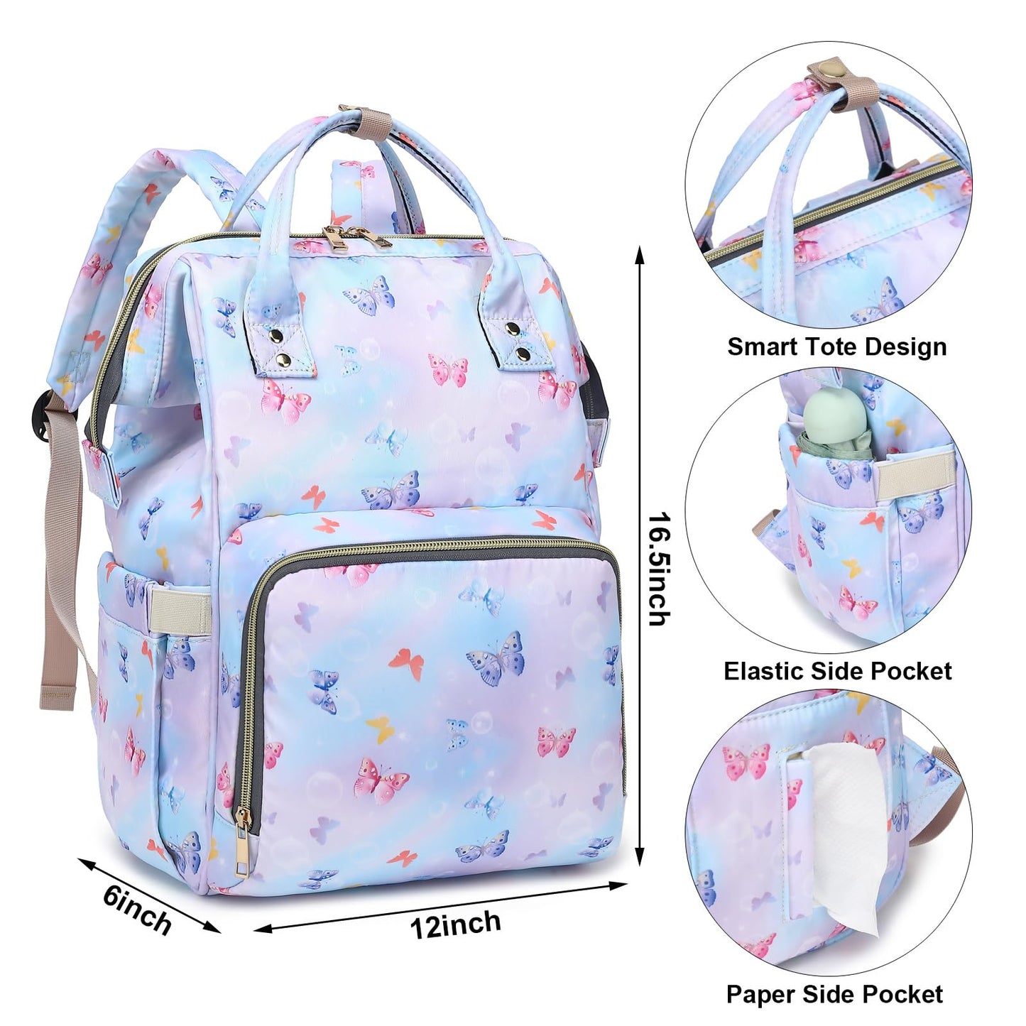 Butterfly Baby Diaper Bag Backpack For Girls Boys, Waterproof Large Maternity Nappy Bags For Mom