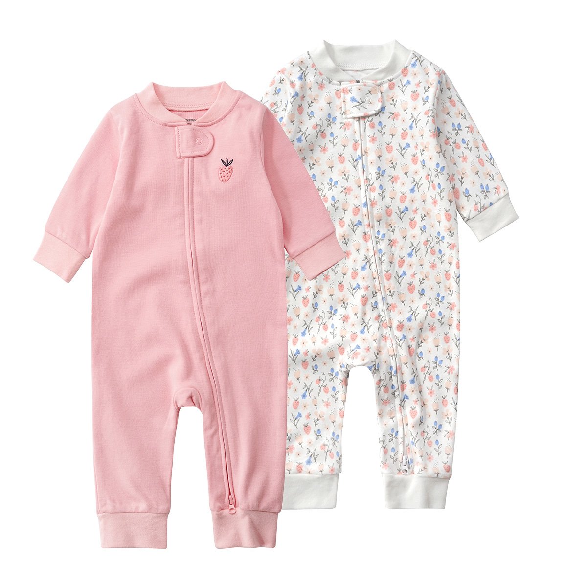 Teach Leanbh Baby 2-Pack 100% Cotton Romper Jumpsuits Two Way Zipper Long Sleeve Footless Sleep And Play (Pink Floral, 6-12 Mont