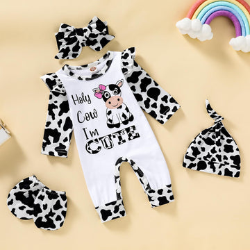 Grnshts Newborn Baby Girl Romper Infant Letter Print Bodysuit Cow Jumpsuit+Hat+Headband+Gloves Coming Home Clothes Outfit 3-6 Mo