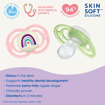 Mam Perfect Night Baby Pacifier, Patented Nipple, Glows In The Dark, 2 Pack, 16+ Months, Pink,2 Count (Pack Of 1)