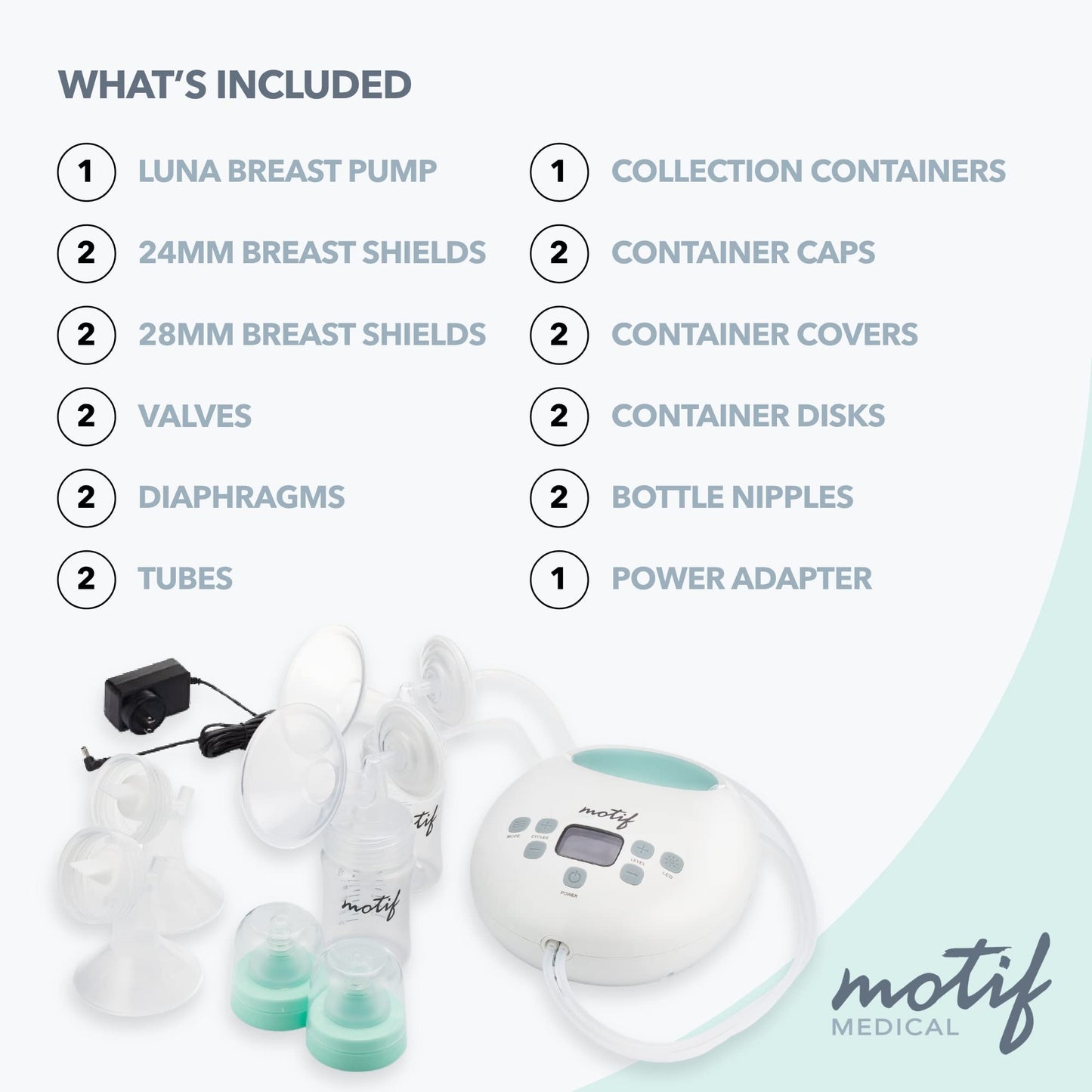 Motif Medical Luna Double Electric Breast Pump - Easy To Use, Quiet Motor, Built-In Led Night Light - Outlet Required