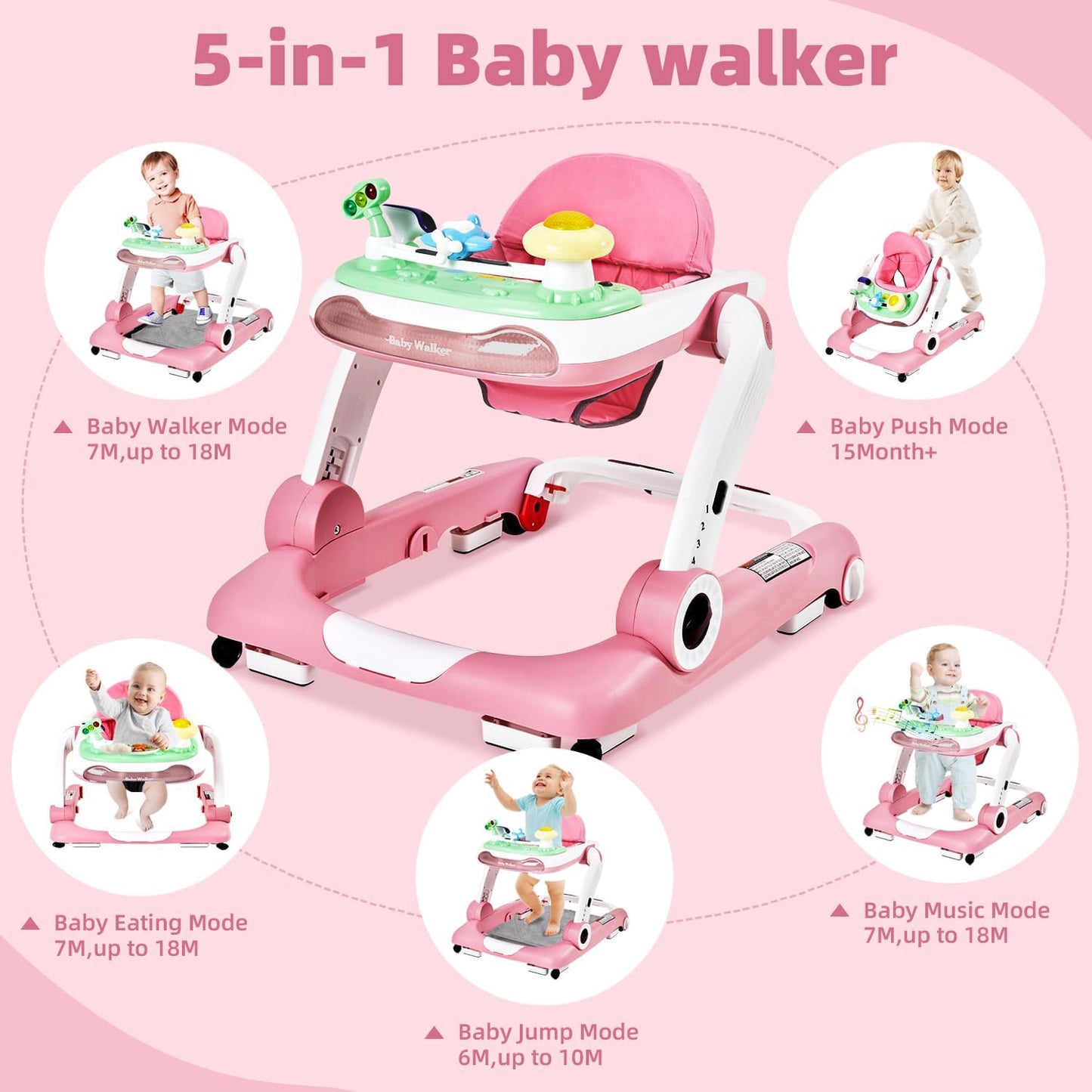 Music And Lights Baby Walker With Wheels,5-In-1 Baby Activity Center With Removable Toys And Music Bouncer,Adjustable Height Bab