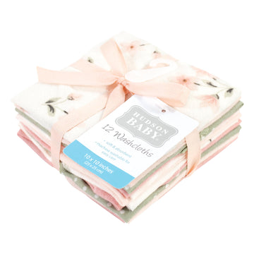 Hudson Baby Unisex Baby Flannel Cotton Washcloths, Pink Dainty Floral 12 Pack, One Size