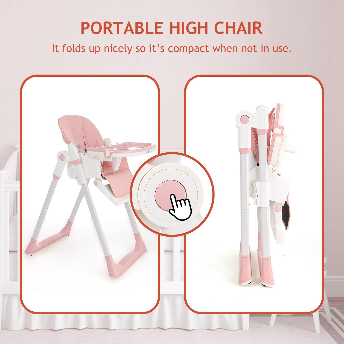 Sunchildor 3 In 1 Baby High Chair With Wheels, Adjustable 5 Point Harness, Tray, Foot Rest, Backrest And Seat Height, Foldable H