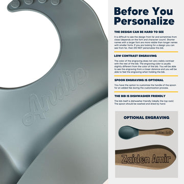 Personalized Silicone Bib And Spoon Set With Debossed Custom Name, Babies/Toddlers Durable Adjustable With Pocket For Baby Boy &