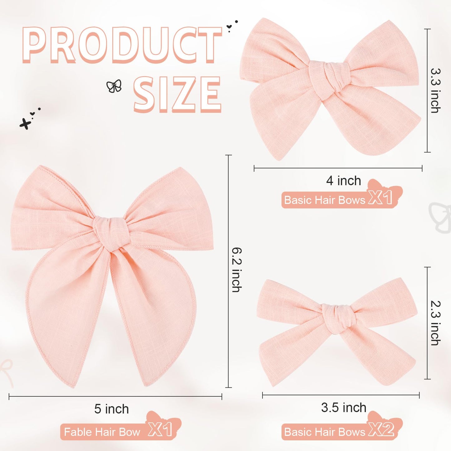 Deeka 4 Pcs Light Pink Cotton Linen Hair Bows 3 Styles 5' & 4' Handmade Hair Bow Set For Toddler Girls Alligator Hair Clips Kn