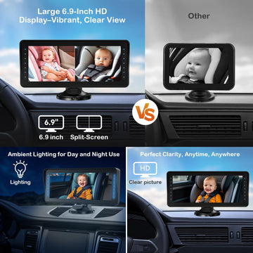Dual Baby Car Camera For 2 Kids - 6.9Hd Display With Ambient Lighting, Rotatable Night Vision Cameras, Easy Setup, Ideal For Par