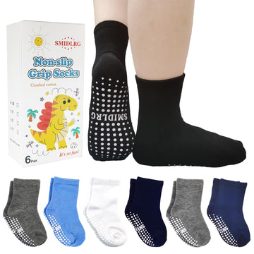 Smidlrg Toddler Grip Crew Socks With Grippers Boys Girls Kids 1-3/3-5/5-7T 6 Pairs
