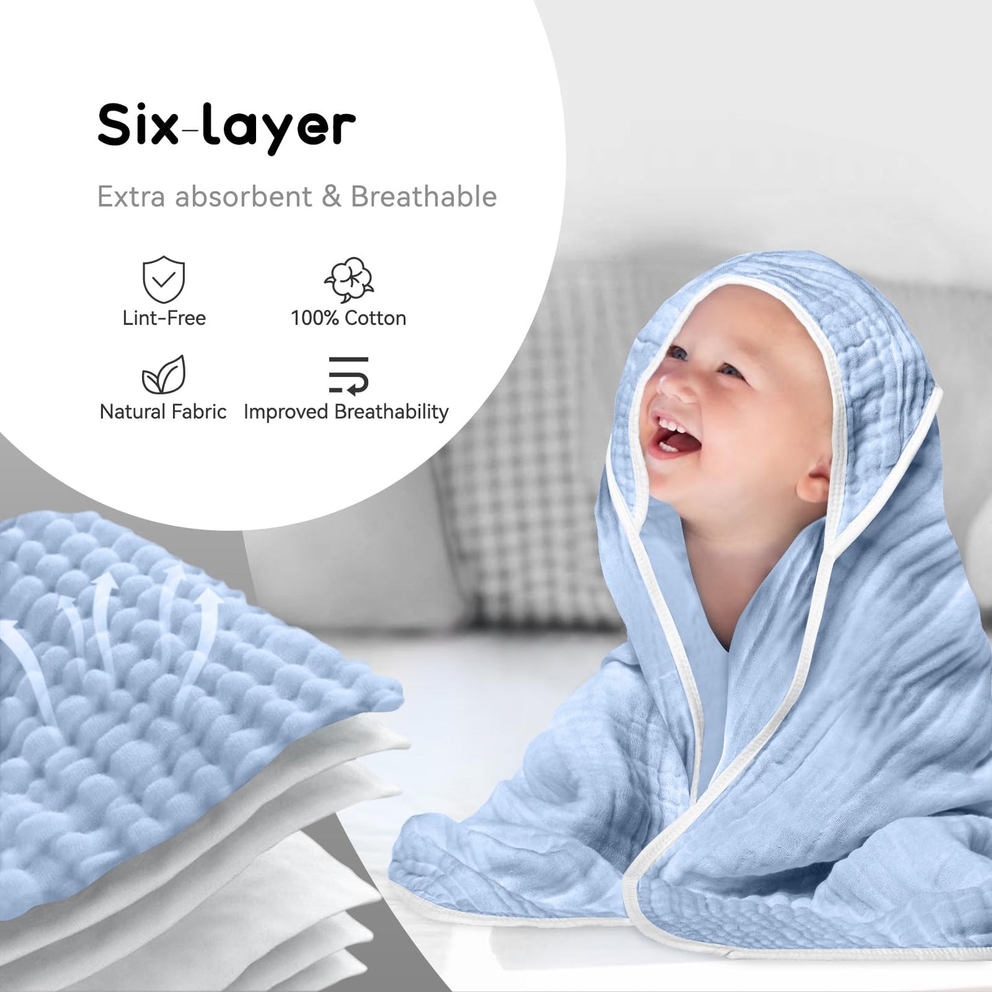 Arnzion Baby Hooded Towels For Babies And Toddlers, Muslin Baby Bath Towel Soft And Absorbency For Boys (Blue.White 2)