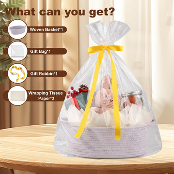 Oiahomy Gift Basket With Handle, Small Woven Basket With Gift Bag, Ribbon And Wrap Tissue Paper, Nursery Bins Empty To Fill With