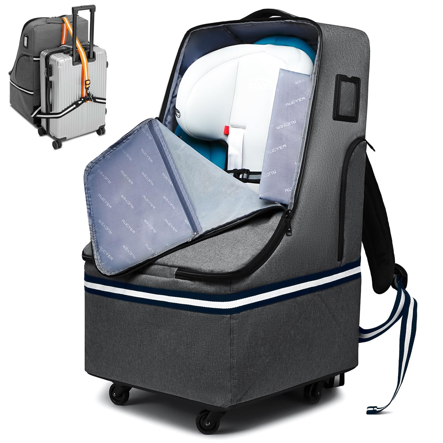 RUCYEN Rolling Car Seat Travel Bag, Padded Carseat Travel Backpack for Airplane,Large Durable Travel Bag with 4 Wheels,Adjustabl