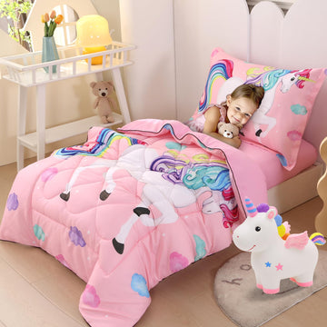Wowelife Unicorn Toddler Bedding Set For Girls, Rainbow 4 Piece Toddler Bed Sheets Sets Pink Toddler Comforter Set Kids Bag In A