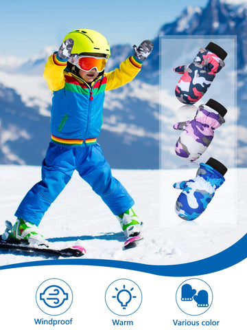6 Pairs Waterproof Gloves Kids Winter Snow Mittens Windproof Ski Gloves For Weather Children Outdoor Activities (Camouflage,3-5T