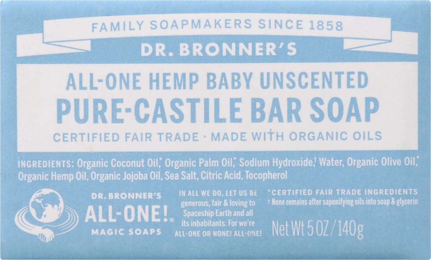 Dr. Bronners Castile Baby Unscented Bar Soap, 5 Oz
