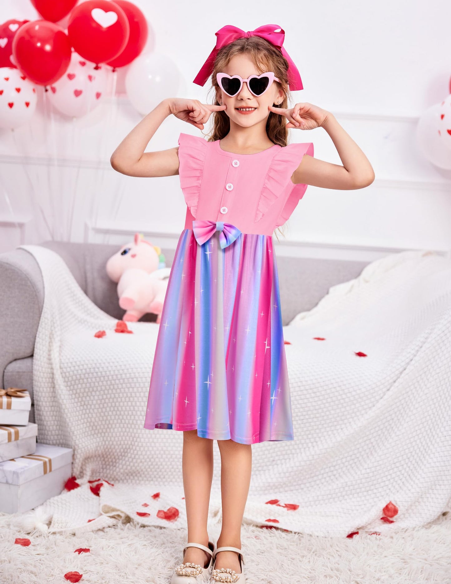 Arshiner Toddler Dress Little Girls Sleeveless Bow Tie Cute Pink Rainbow Valentine Birthday Party Sundress Size 4
