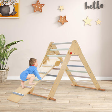 Olakids Pikler Triangle Set 3 In 1 Climbing Toys For Toddlers Foldable Wood Montessori Baby Jungle Gym With Ramp Ladder Slide Ki