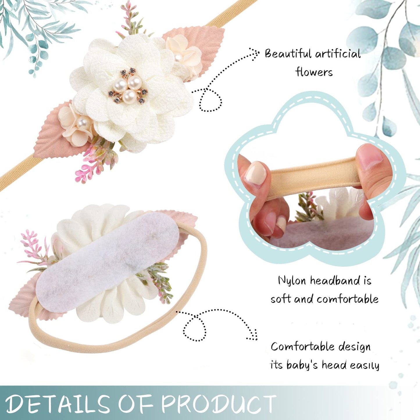 Pabobit Baby Girl Flower Nylon Headband-Elastic Hair Band Handmade Bow For Newborn Infant Toddler Pack Of 3 (Beige)