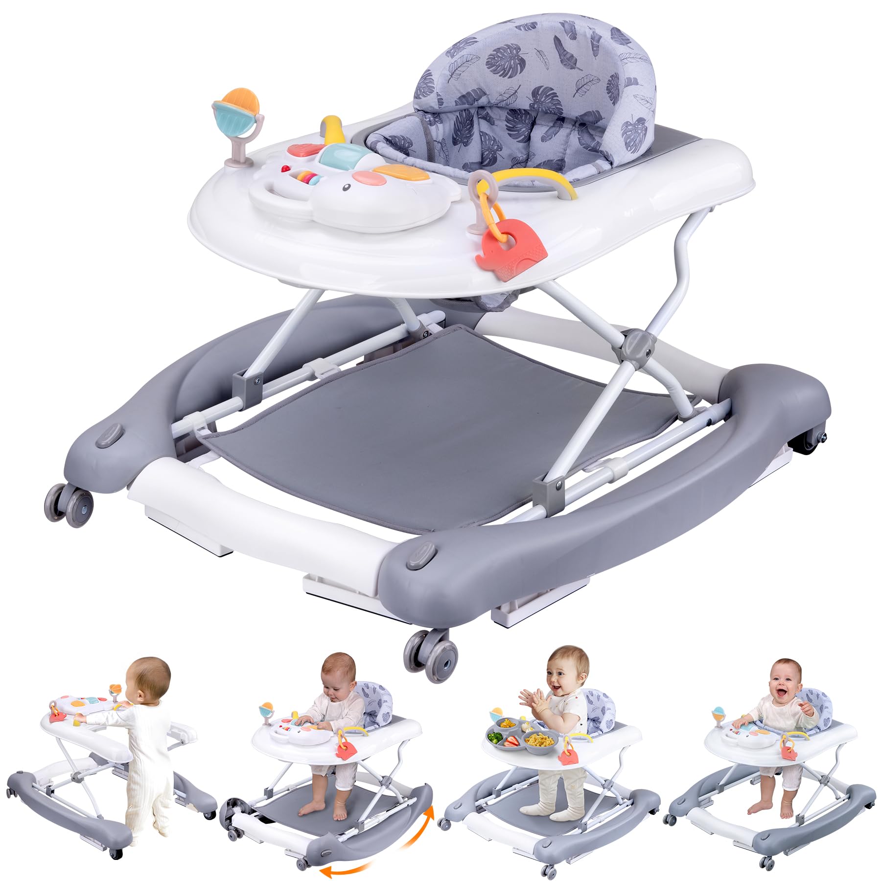 Foldable Baby 5-In-1 Activity Walker - Rocker, Activity Center, Bouncer, Seat, Push Walker - Adjustable Speed Rear Wheels And He