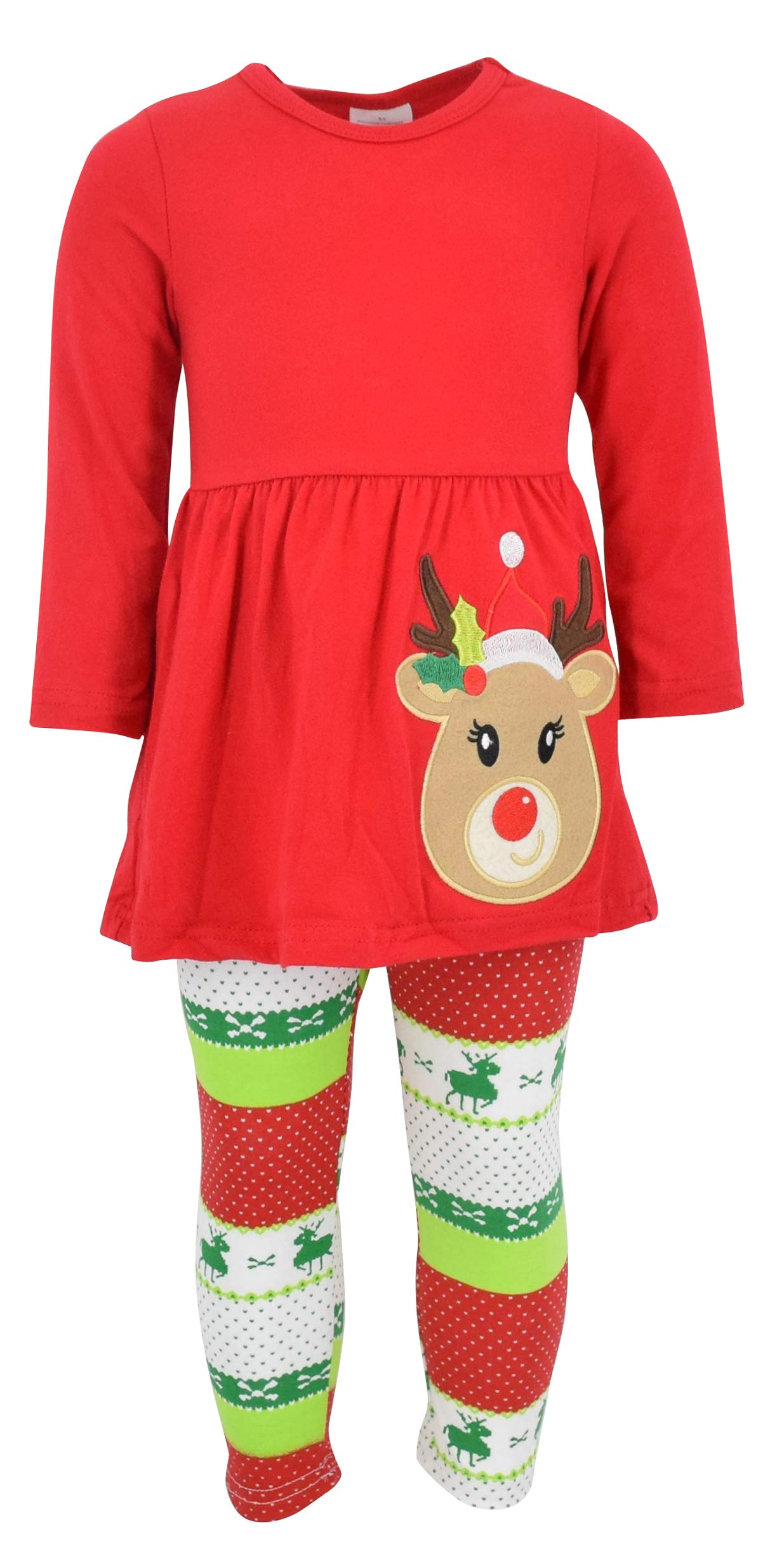 Unique Baby Girls 3 Piece Christmas Reindeer Legging Set Outfit (3 Years, Red)