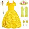 Princess Costume For Girls Birthday Party Fancy Dress Up With Accessories(Crown+Wand+Earrings+Gloves) 4-5 Years Yellow