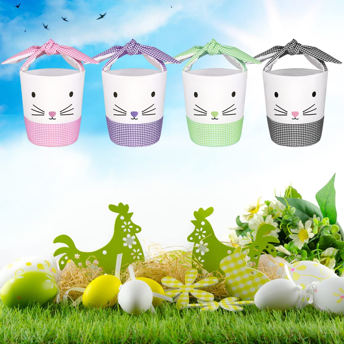 4 Pack Easter Bunny Basket Bags Gift Basket Easter Bag Bunny Ear Bag Tote Bag For Egg Hunting Candy And Gifts Carry Bucket (East