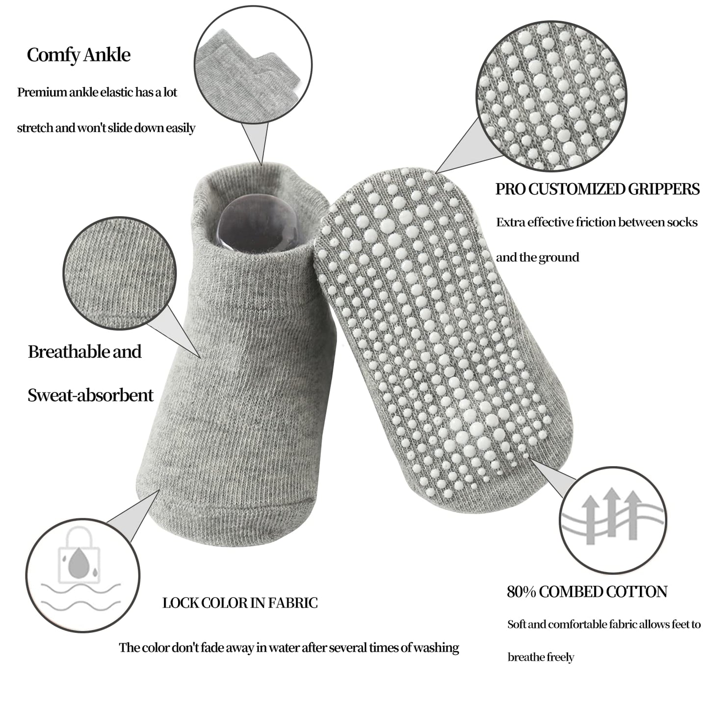 Qiyiendian 6 Pairs Non Slip Cozy Warm Ankle/Low Cut Socks With Grips For Baby Infant Toddler Kids Boys Girls(5-E Grey,6-12 Month