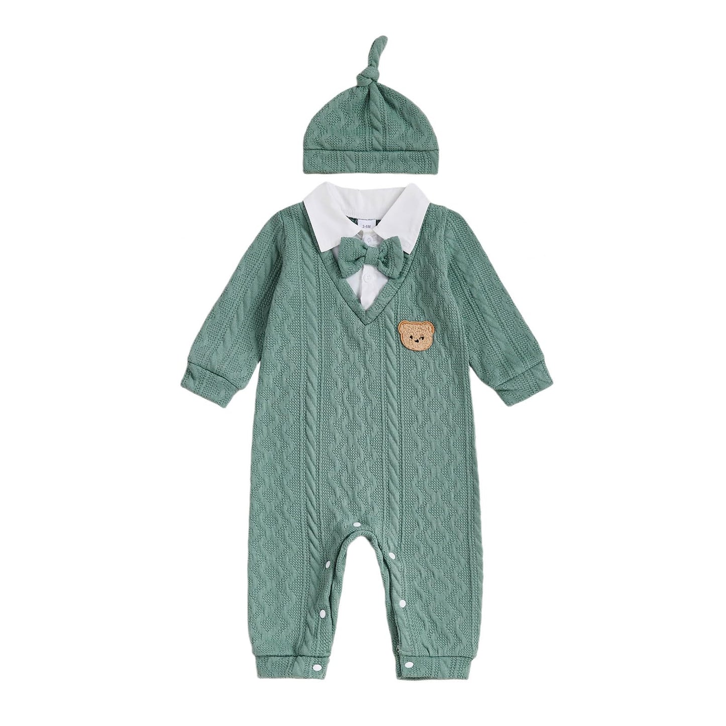 SYOKUP Newborn Infant Baby Boy Outfits Suit Bowtie Bear Embroidery Dress Romper Jumpsuit Gentleman Wedding Clothes Formal (Green