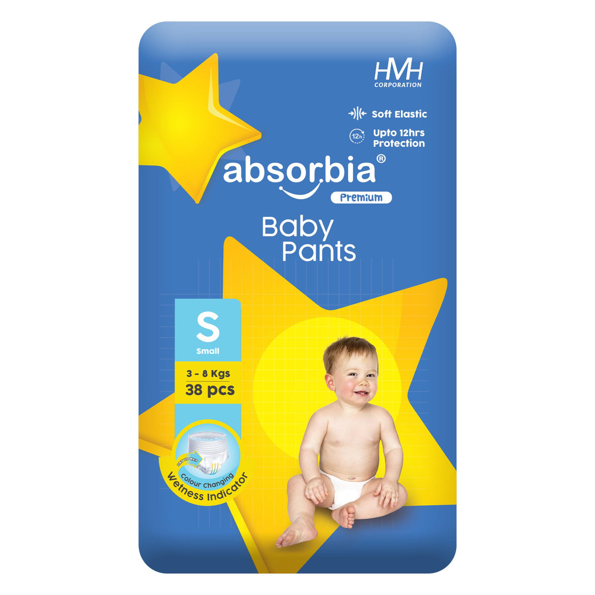 Absorbia Jumbo Baby Pant Diaper Small (S) 38 Kg, 76S X Pack Of 1 | Up To 12Hrs Protection | Cottony Soft Comfort For Sensitive