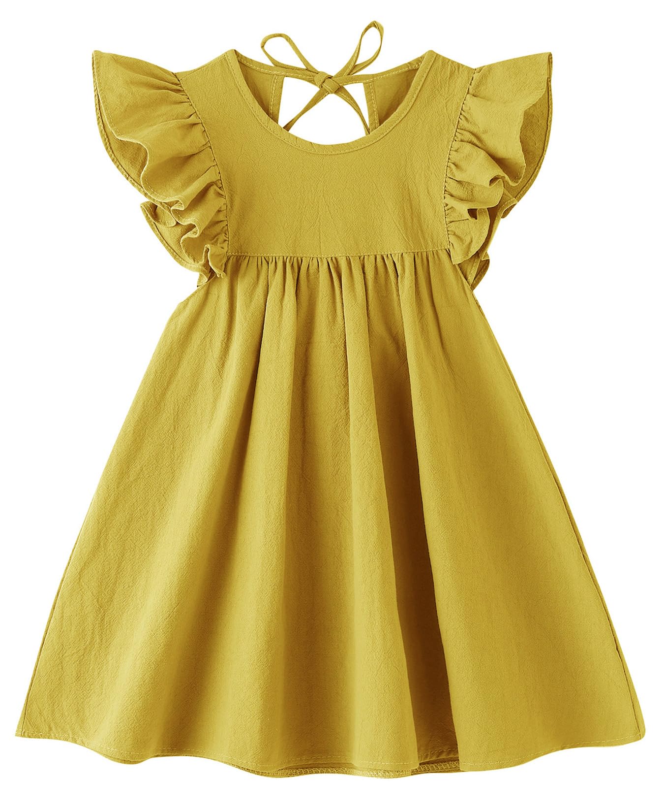 Jnklwpjs Toddler Baby Girl Cotton Linen Ruffle Halter Sleeveless Kids Casual Beach Party Dresses Mustard Yellow 120Cm