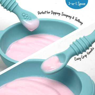 Primastella Unbreakable Silicone Non-Slip Bowl And Chew Spoon Set For Babies And Toddlers (Blue)