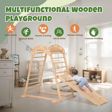 Cosyland Indoor Playground, Wooden Jungle Gym Climber Playset With Slide, Quick Installation Toddler Climbing Toys For Small Spa