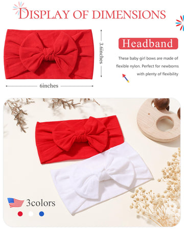 Jollybows 3Pcs Baby Nylon Headbands Hairbands Hair Bow Elastics For Baby Girls Newborn Infant Toddlers Kids (11-Red+White+Blue,