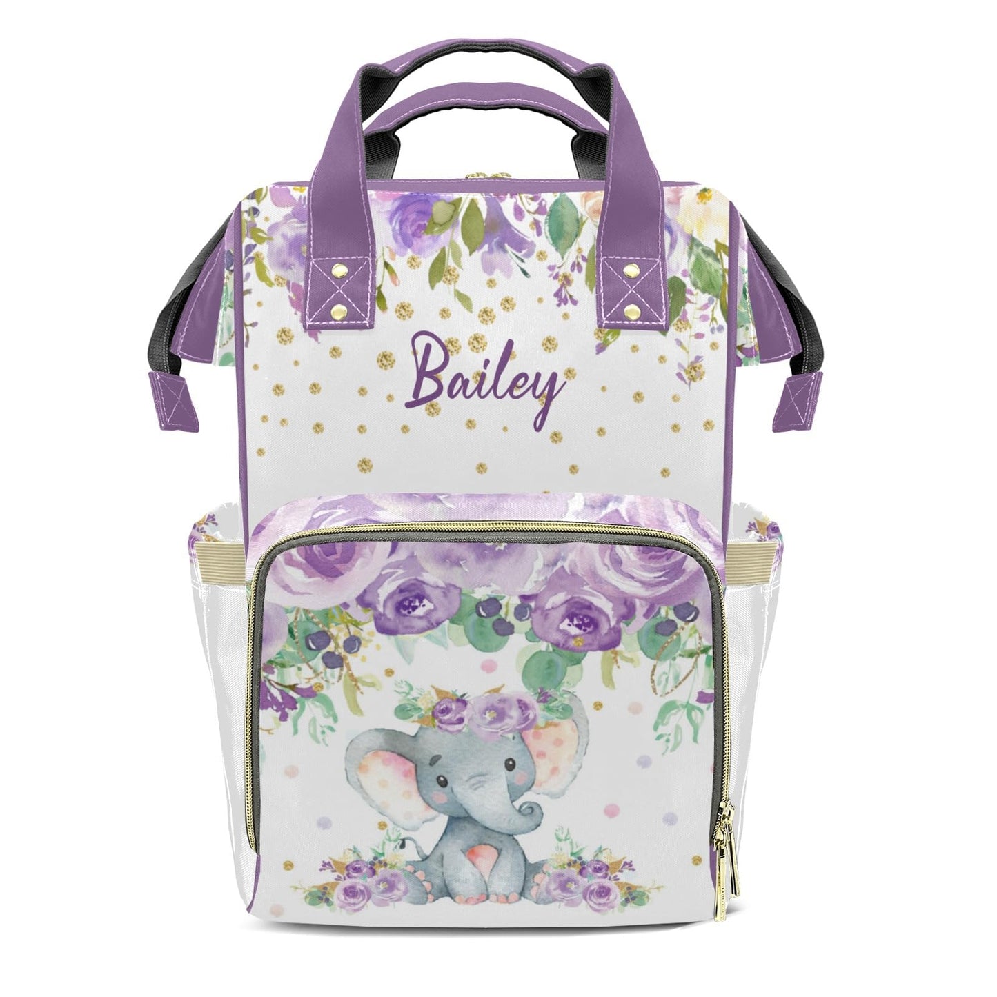 XOZOTY Purple Flower Watercolor Elephant Diaper Bags Backpack with Name Personalized Baby Bag Nursing Nappy Bag Travel Tote Bag